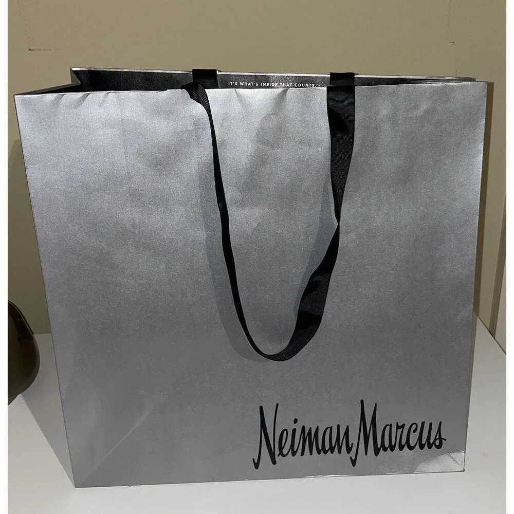 Neiman Marcus Empty Paper Grey Silver Shopping Bag Black Cloth Handles 16x12x6